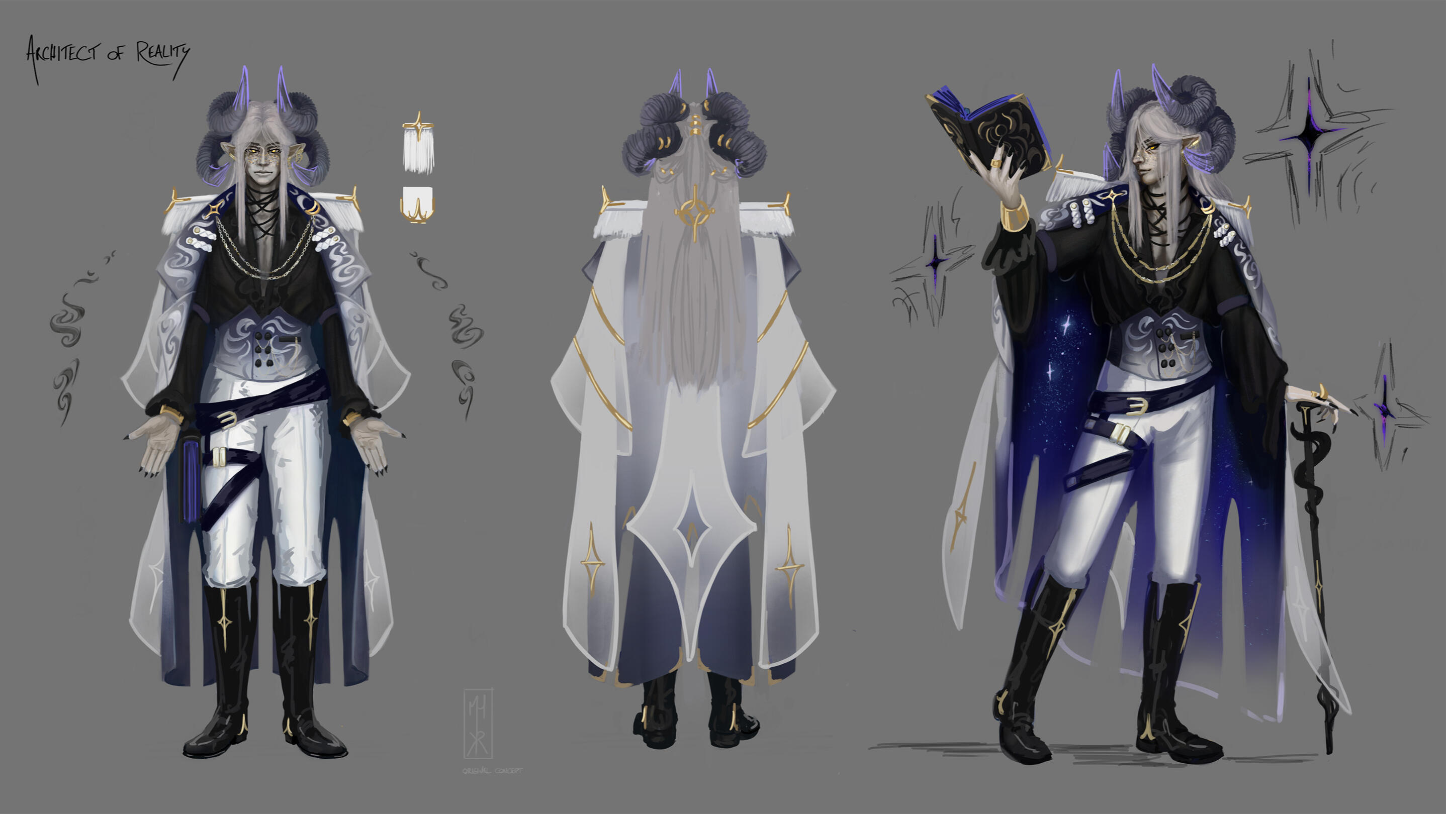 Character design turnaround sheet of Architect of Reality, featuring a fantasy character with horns, starry cape, and magic book, wearing a detailed military-like outfit, front, back, and posing views.