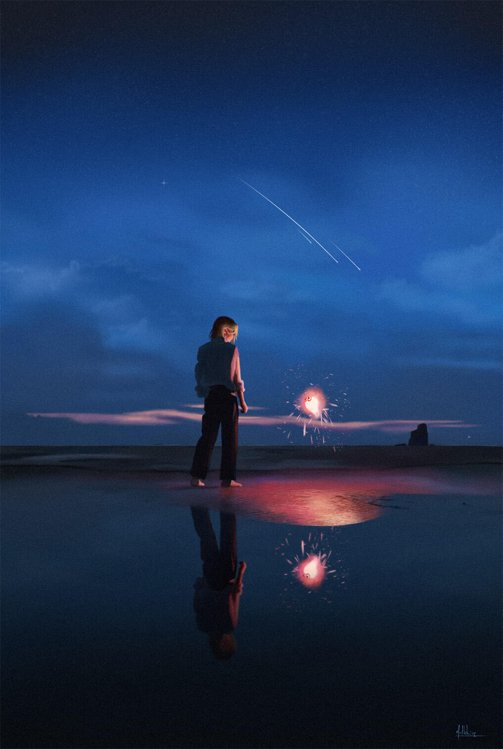 Howl's Moving Castle fanart: Howl meeting Calcifer at night on a beach, fantasy illustration.