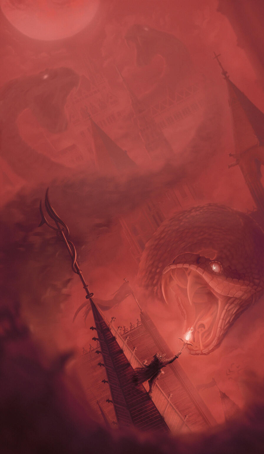 Dark fantasy illustration of a plague doctor fighting giant snakes on a church roof.