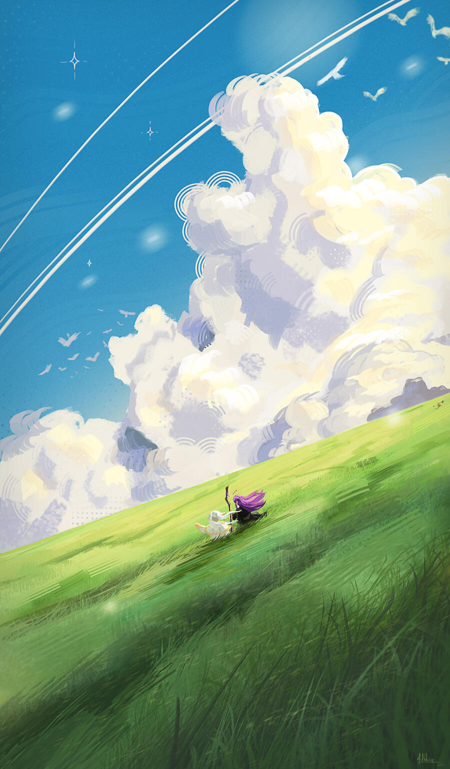 Frieren: Beyond Journey's End fanart, Frieren and Fern traveling through a windy valley, fantasy illustration.