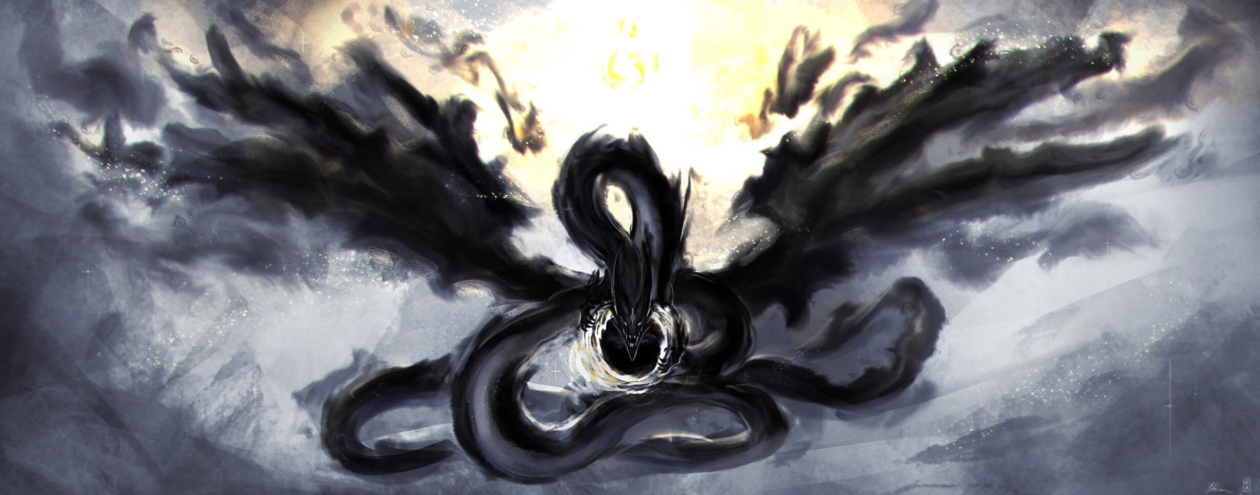 Dark fantasy illustration of a void dragon casting a black hole between his claws.