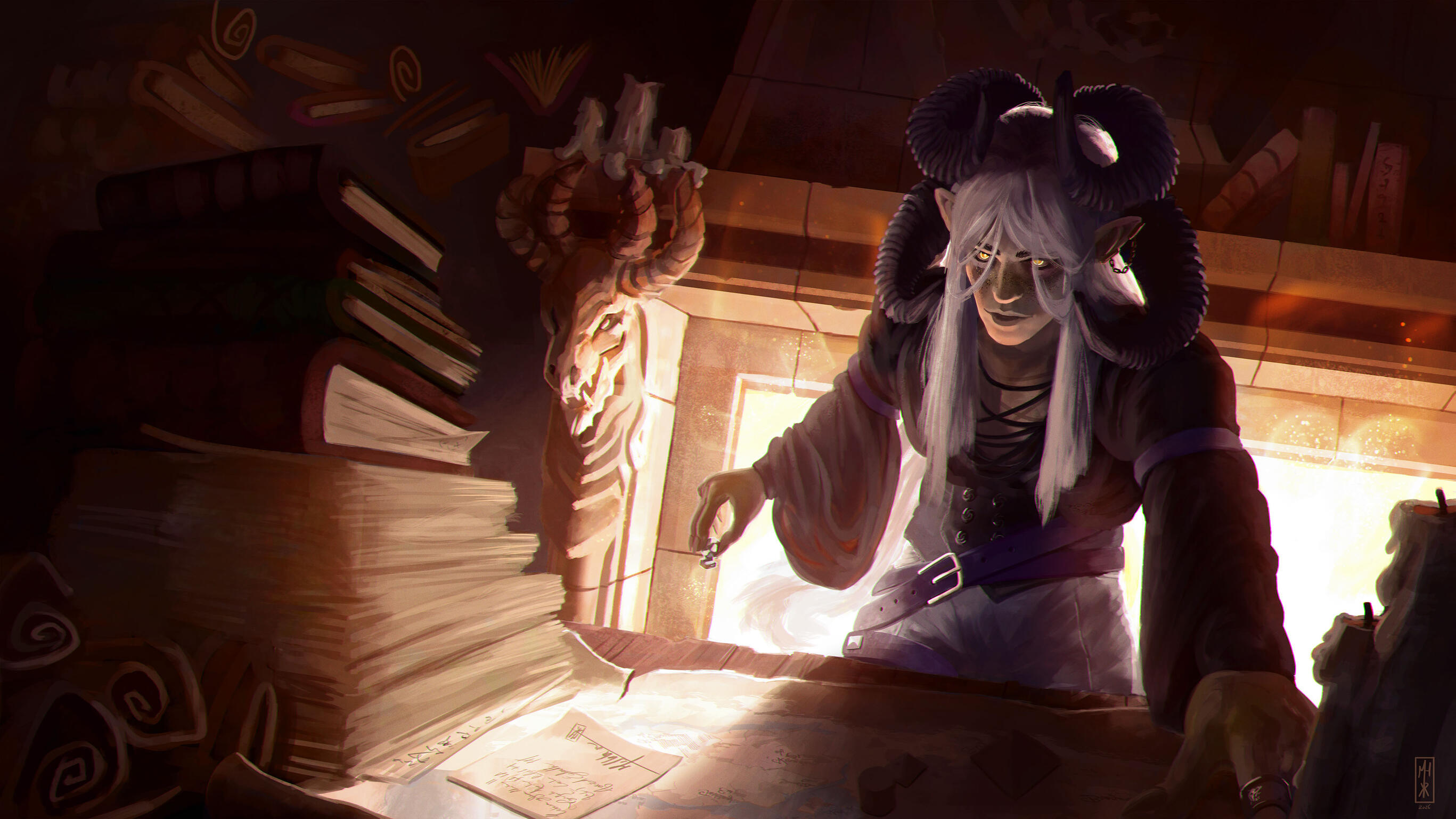 Dark fantasy illustration of a horned character planning things on a map in a dark study lit by a large fireplace.
