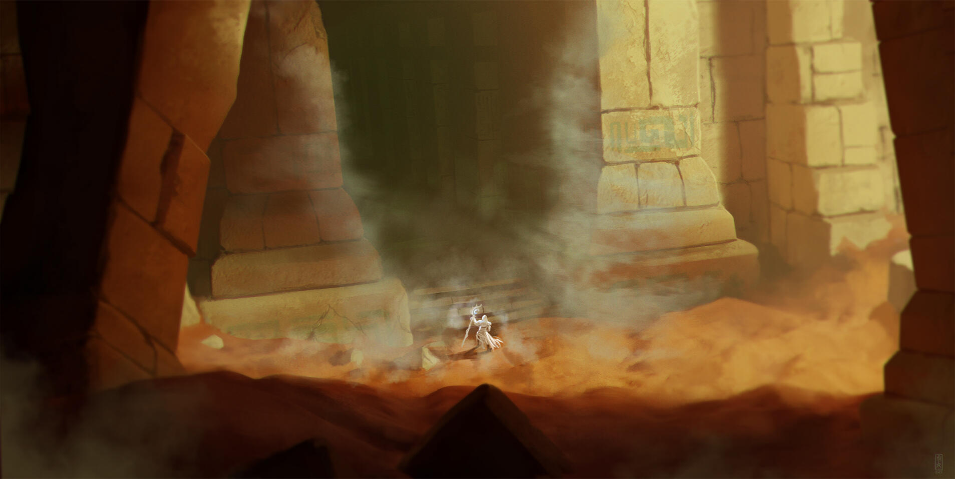Dark fantasy Desert Temple Concept Art: Explorer dwarfed by massive ancient ruins half-buried in orange sand and dust.