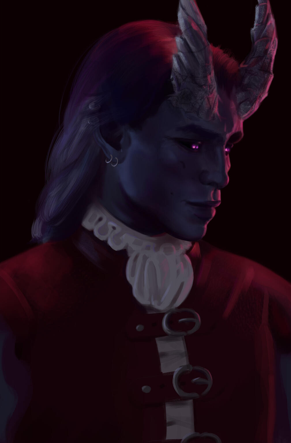 Dark fantasy DnD/Pathfinder portrait: Tiefling character with horns, commission illustration.