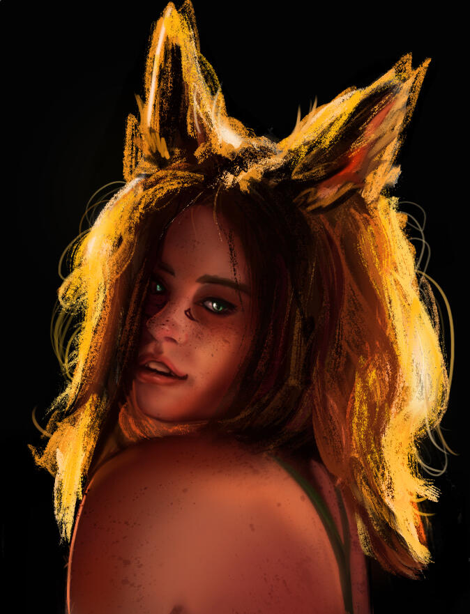Stylized portrait of a catgirl with strong rim lighting, digital fantasy art.