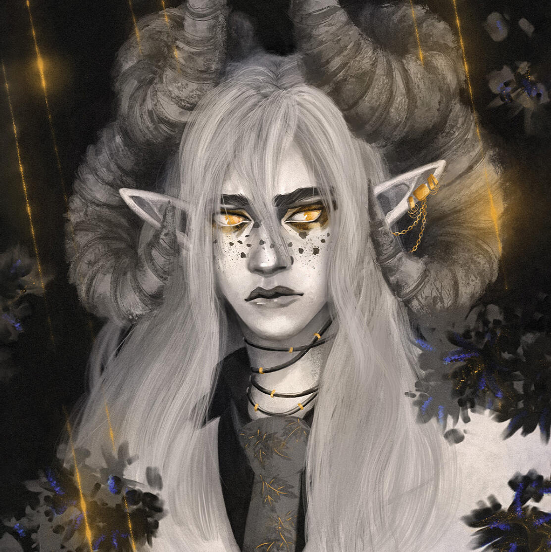 Stylized portrait of a horned character with long white hair and golden eyes, fantasy illustration.