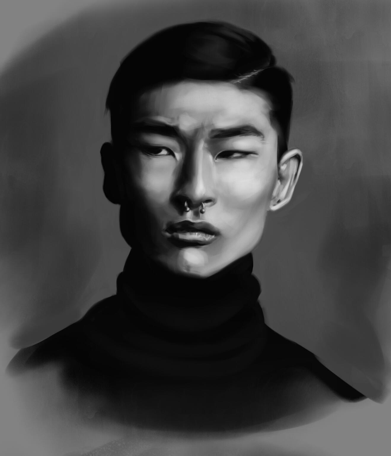Photorealistic black and white portrait study of an Asian man with a nose piercing, cinematic lighting.
