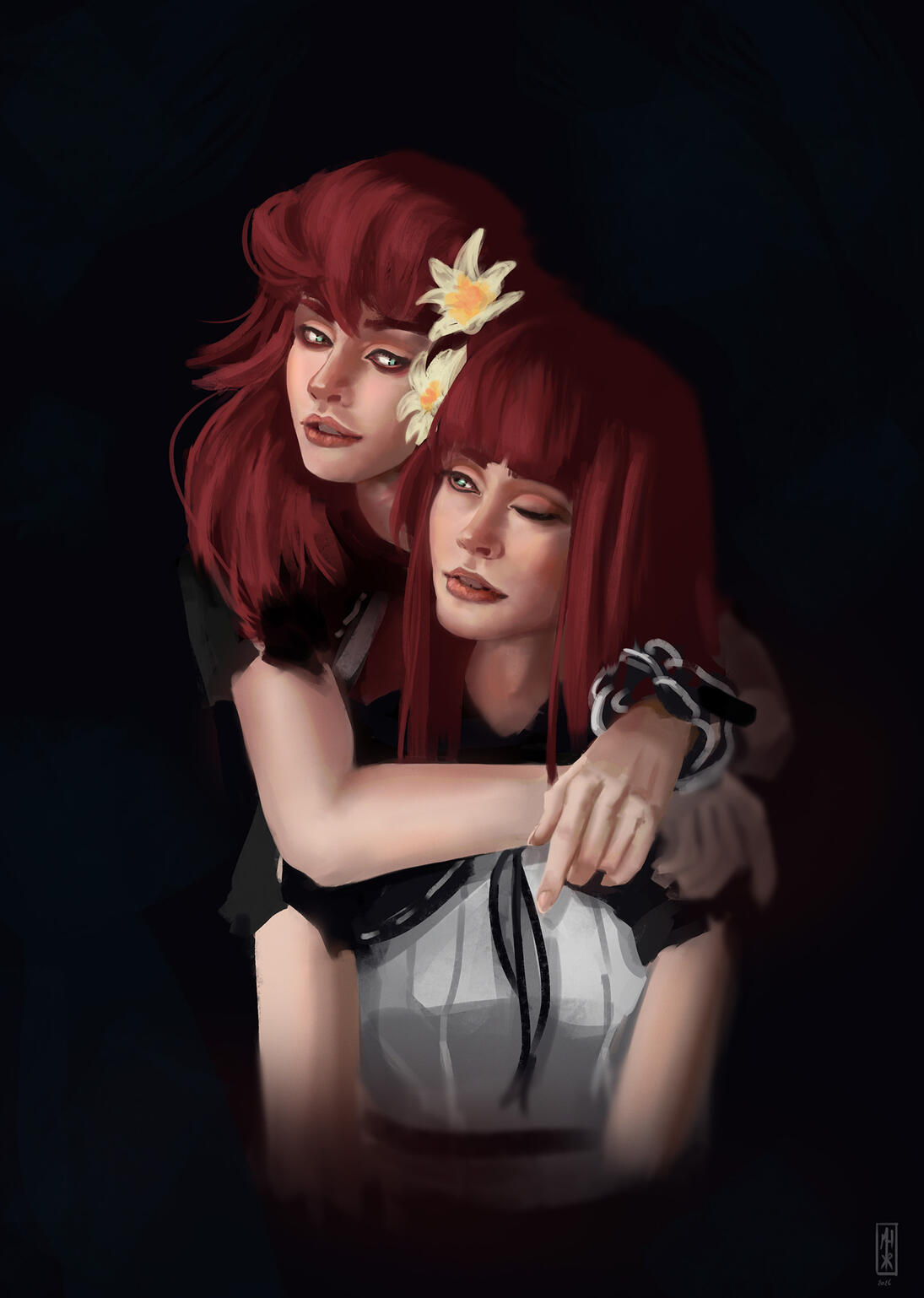 NieR fan art: Portrait of twins Devola and Popola with red hair and flowers in their hair, digital illustration