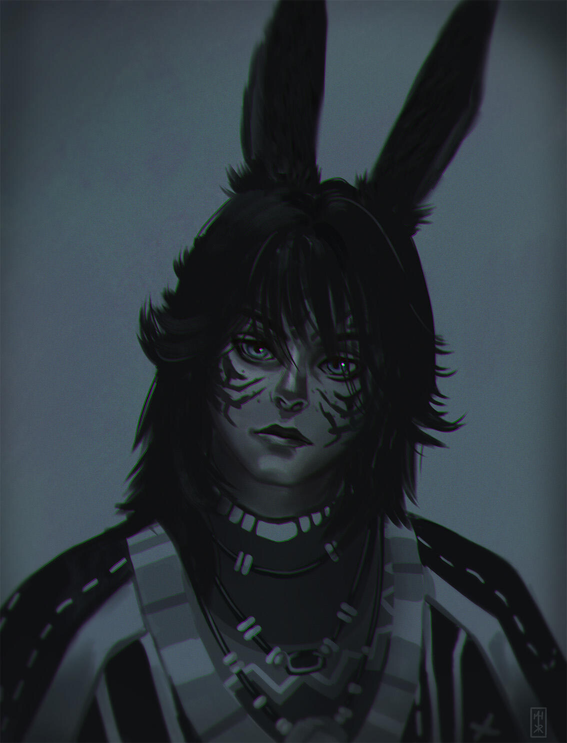 Final Fantasy XIV monochrome portrait: Male Viera in folk-inspired outfit, commission illustration.