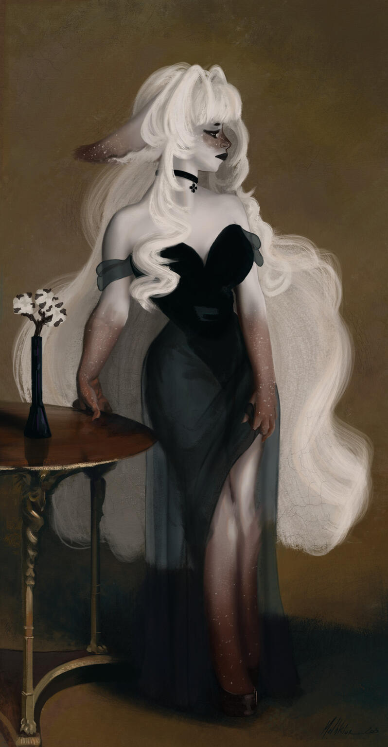 Portrait commission: Anthropomorphic woman, stylized in the aesthetic of John Singer Sargent’s 'Madame X', digital fantasy illustration