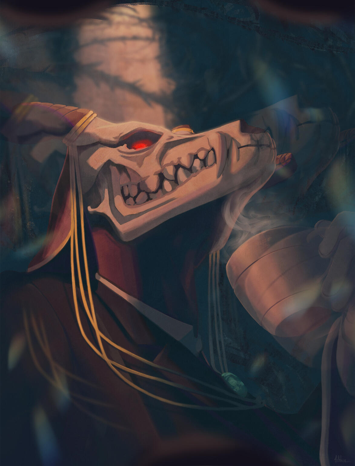 The Ancient Magus' Bride fan art: Elias Ainsworth portrait, holding a cup of tea, cinematic lighting and lens flare effect.