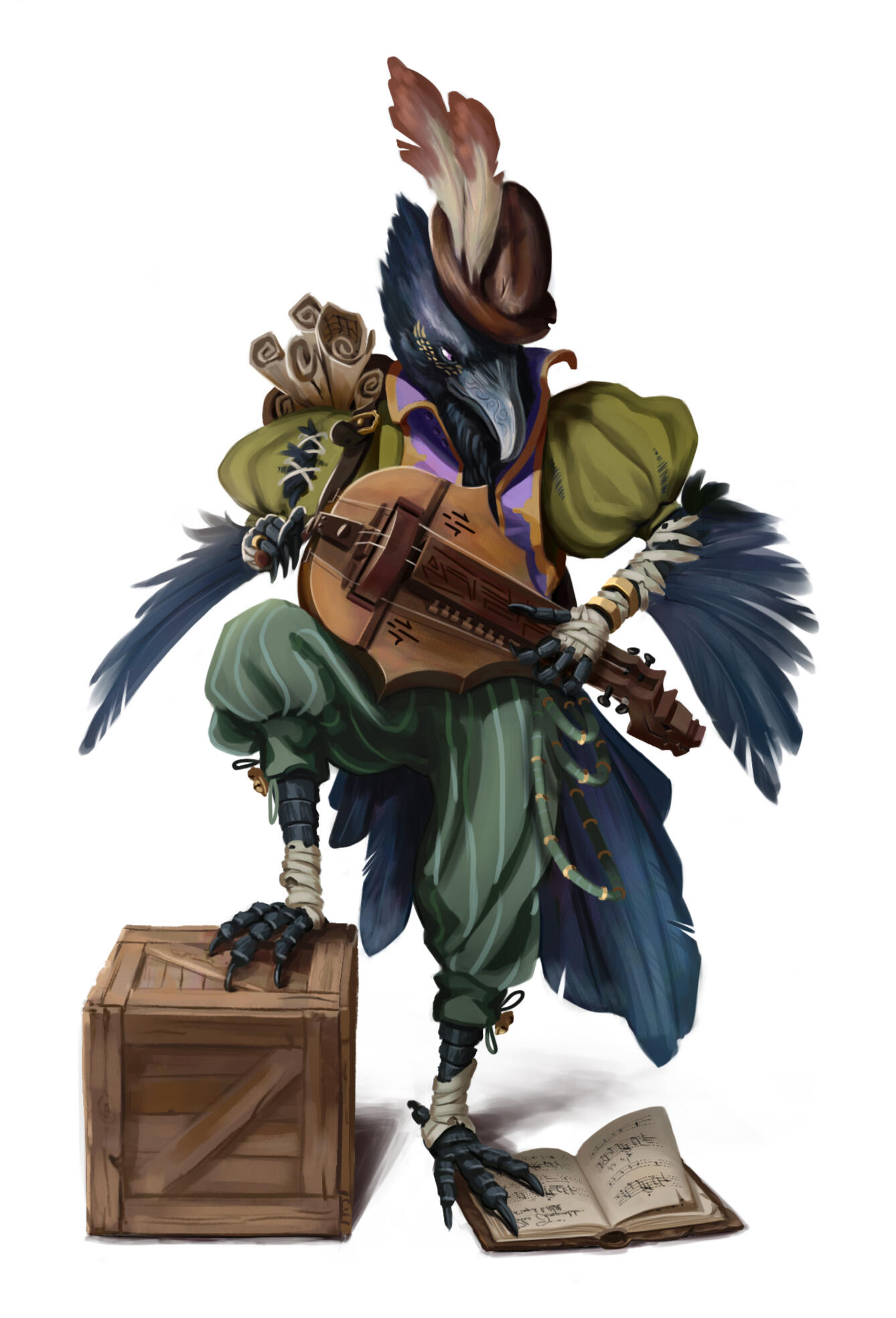DnD/Pathfinder character design: Avian Tengu bard playing a hurdy-gurdy, fantasy illustration.