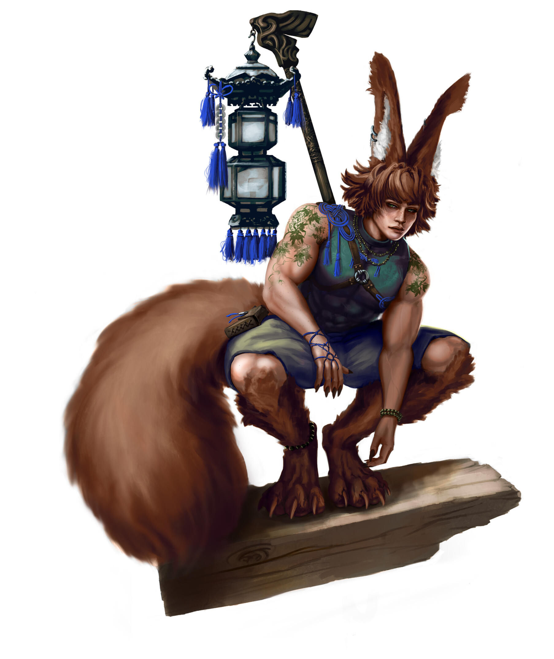 Character design: Anthropomorphic squirrel-featured human in traditional Asian-inspired outfit, holding a large lantern staff, fantasy illustration.